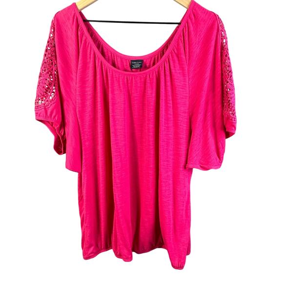 Pink Lace Shoulder Top 1X Flutter Sleeve Flowy‎ Plus Size Casual Boho Feminine - Picture 1 of 6